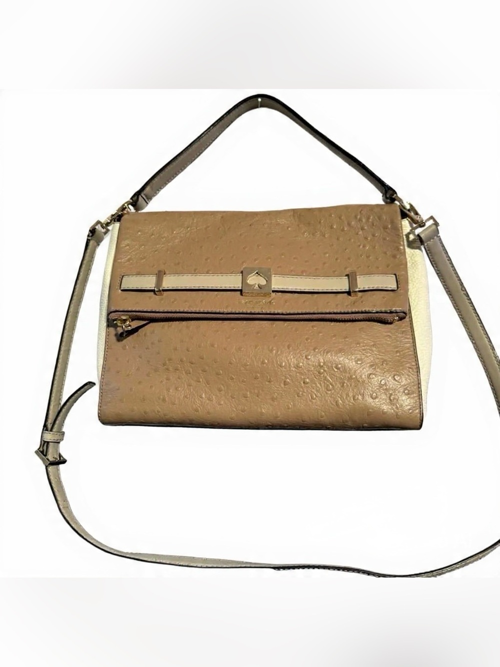 Kate Spade Ostrich Embossed Foldover Crossbody Beige Ivory